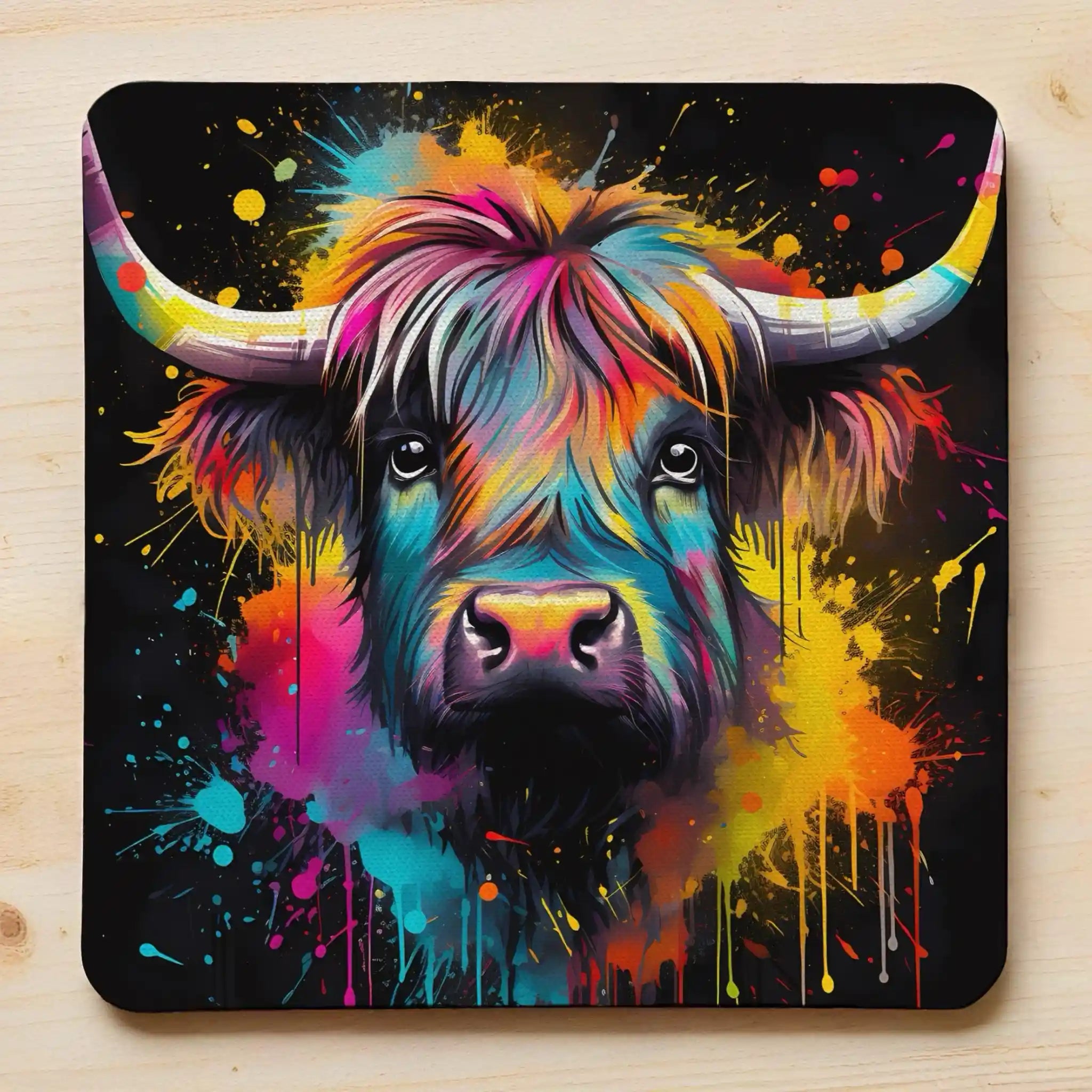 Colour Splash Highland Cow style 4 neoprene coasters by Laser Design Creations, featuring a majestic Scottish cow detailed with bright rainbow paint splashes on a clean background.