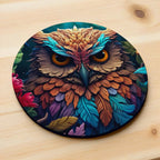 Side view of Wise Forest Owl neoprene coasters, showcasing a vibrant owl with a colourful 3D layered feather design by Laser Design Creations.