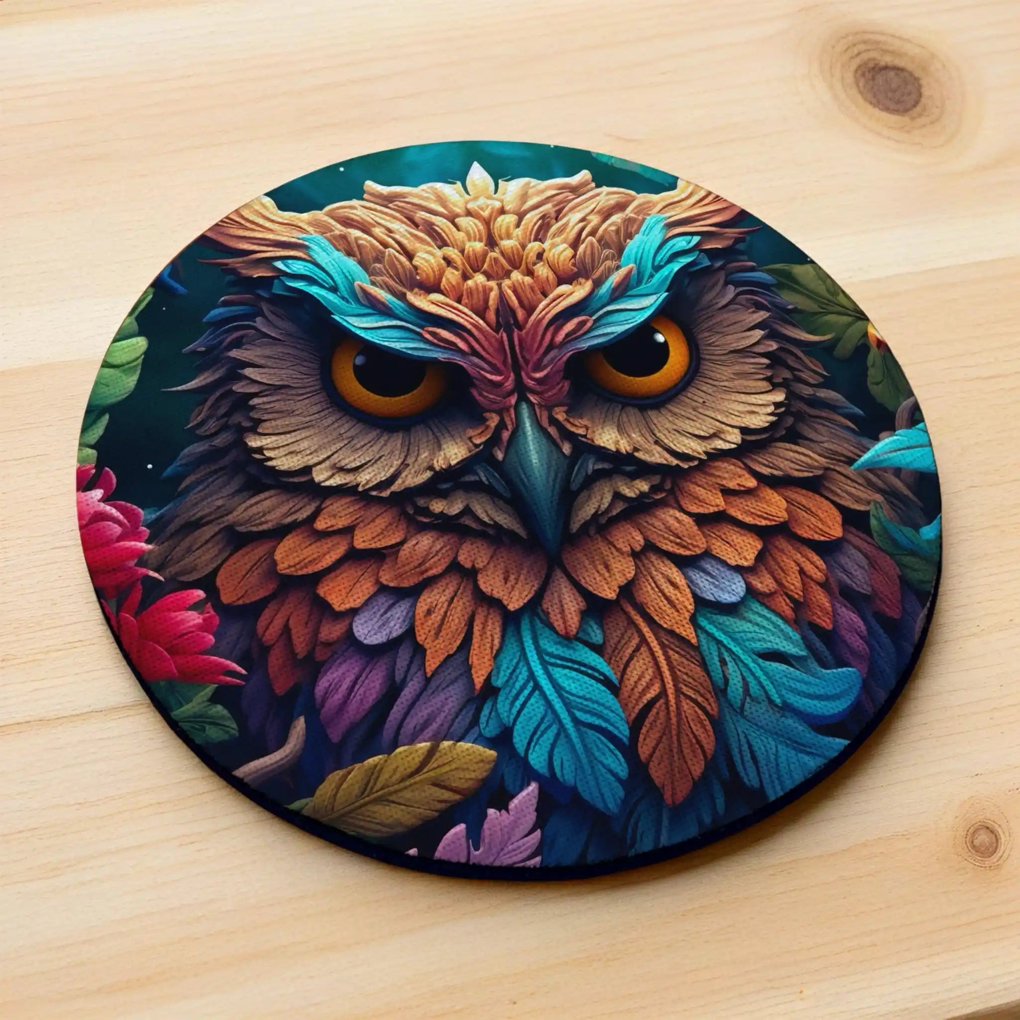 Side view of Wise Forest Owl neoprene coasters, showcasing a vibrant owl with a colourful 3D layered feather design by Laser Design Creations.