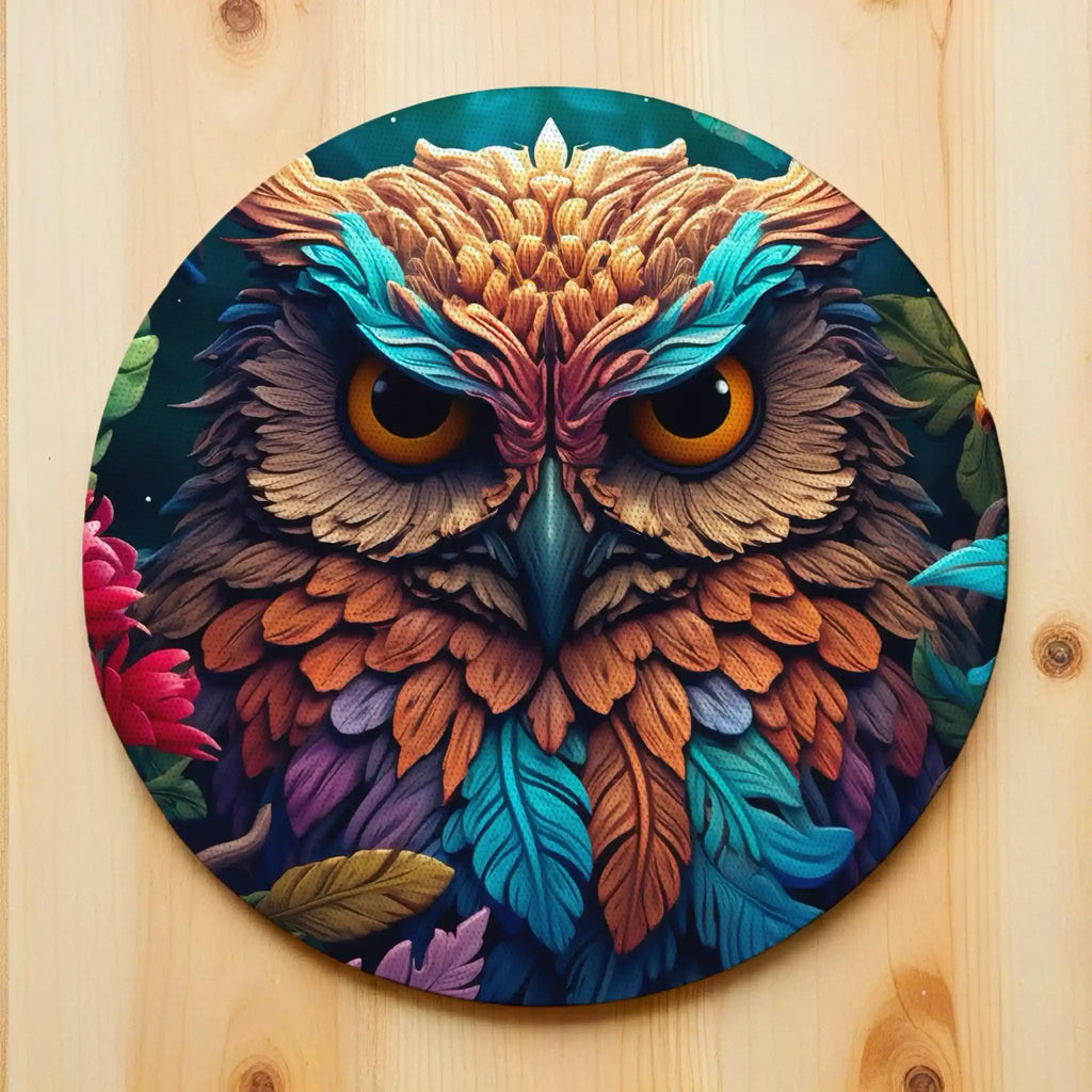 Wise Forest Owl neoprene coasters by Laser Design Creations, featuring a detailed, artistic 3D layered effect owl with colourful feathers.