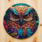 Wise Forest Owl neoprene coasters by Laser Design Creations, featuring a detailed, artistic 3D layered effect owl with colourful feathers.