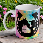 Cowgirl and Horse Horseshoe ceramic mug by Laser Design Creations, featuring a black silhouette of a cowgirl and her horse within a horseshoe against a colourful watercolour splash background.