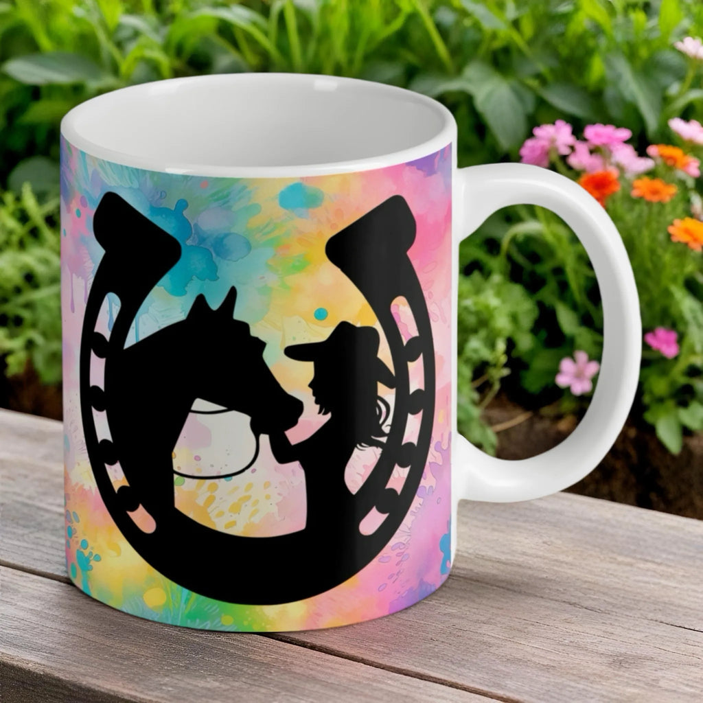 Reverse side of Cowgirl and Horse Horseshoe ceramic mug, showcasing the wrap-around artwork by Laser Design Creations.
