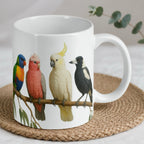 Reverse side of colourful bird lineup ceramic mug, showcasing the wrap-around artwork by Laser Design Creations.