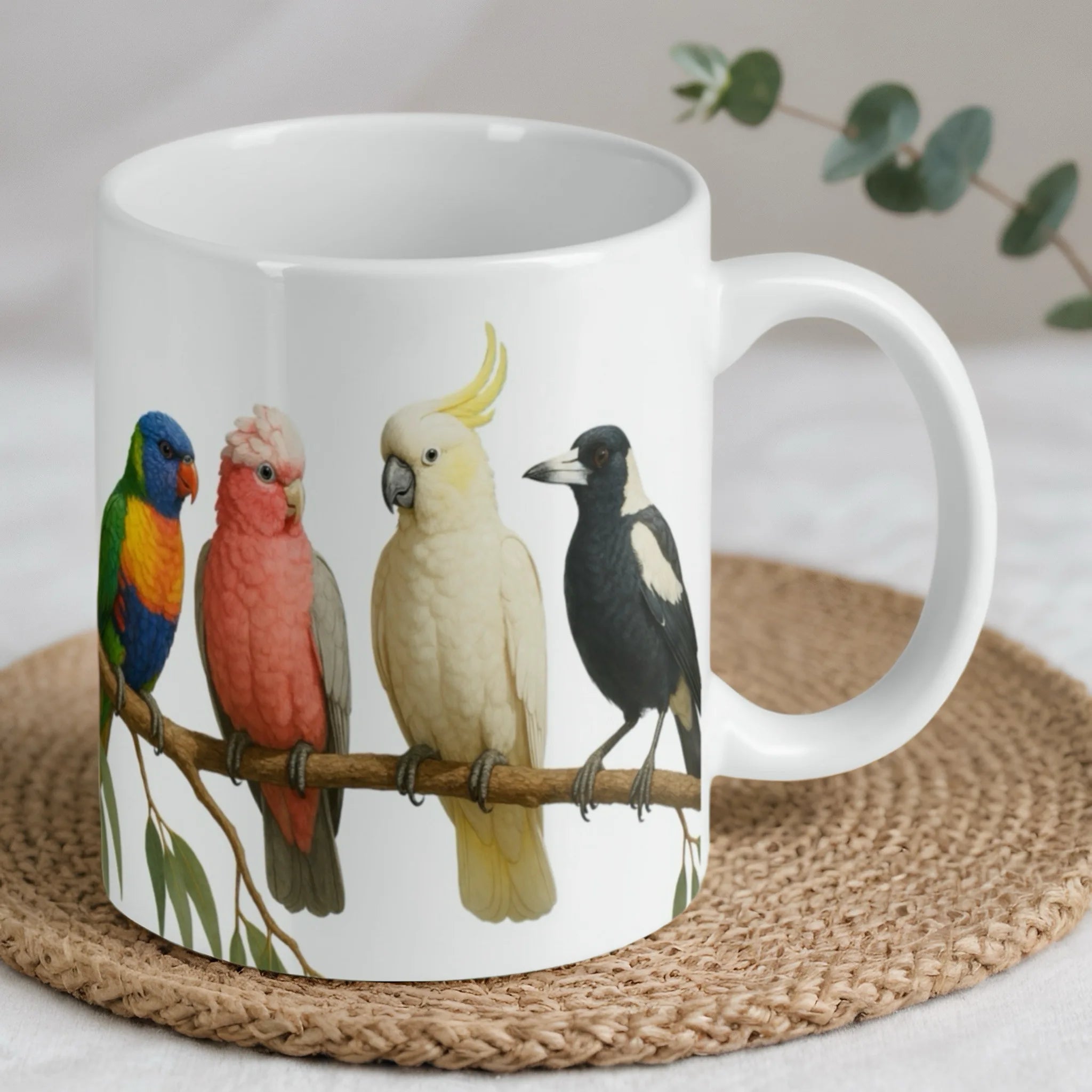 Reverse side of colourful bird lineup ceramic mug, showcasing the wrap-around artwork by Laser Design Creations.
