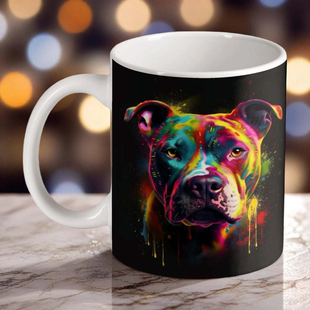 Colourful neon Staffy ceramic mug by Laser Design Creations, featuring a vibrant dog portrait against a black background.