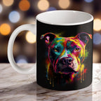 Colourful neon Staffy ceramic mug by Laser Design Creations, featuring a vibrant dog portrait against a black background.