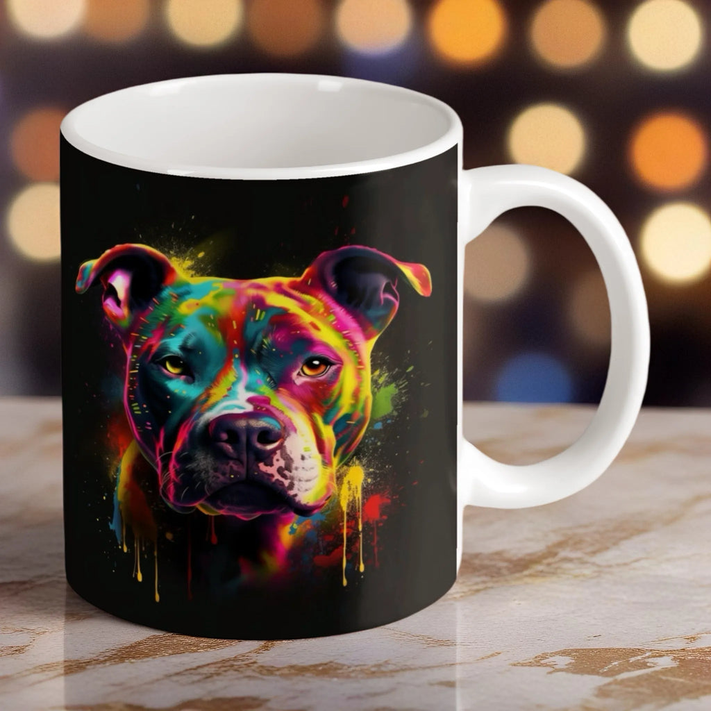 Reverse side of neon Staffy art ceramic mug, showcasing the wrap-around artwork by Laser Design Creations.