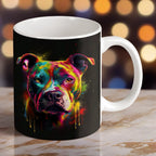 Reverse side of neon Staffy art ceramic mug, showcasing the wrap-around artwork by Laser Design Creations.