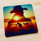 Side view of Sunset Cowboy and Horses style 1 neoprene coasters, showcasing a rustic double exposure silhouette of a cowboy and horses against a warm sunset sky by Laser Design Creations.