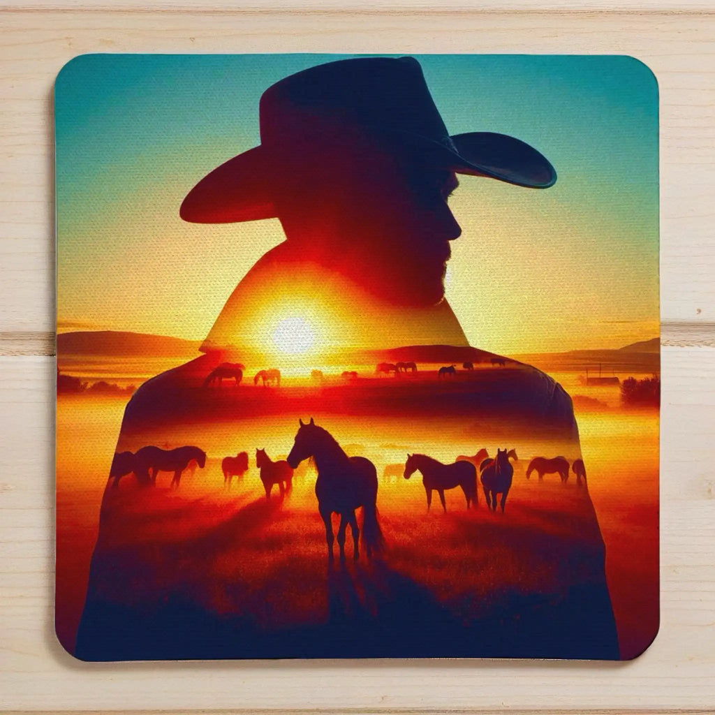 Sunset Cowboy and Horses style 1 neoprene coasters by Laser Design Creations, featuring a rustic double exposure silhouette of a cowboy and horses against a sunset sky.