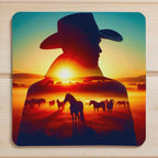 Sunset Cowboy and Horses style 1 neoprene coasters by Laser Design Creations, featuring a rustic double exposure silhouette of a cowboy and horses against a sunset sky.