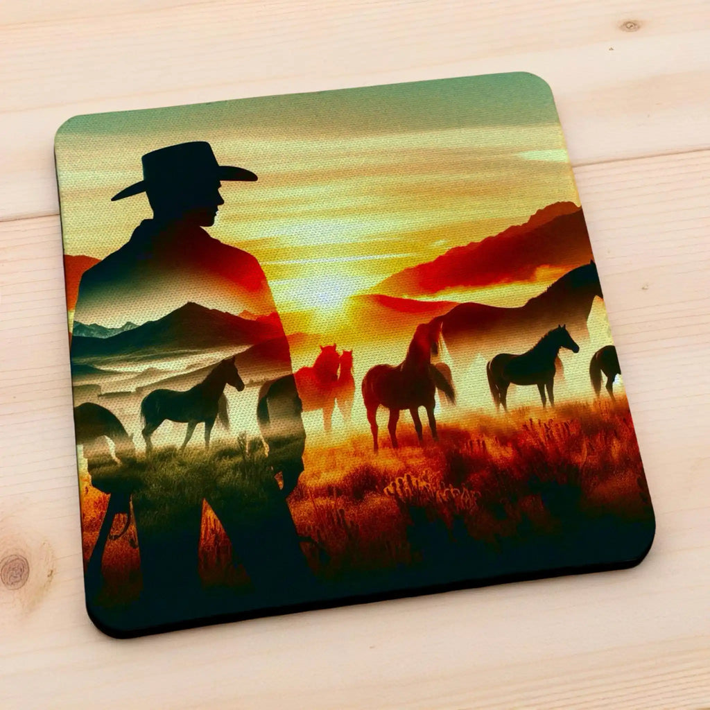 Side view of Sunset Cowboy and Horses style 2 neoprene coasters, showcasing a rustic double exposure silhouette of a cowboy and horses against a warm sunset sky by Laser Design Creations.
