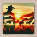 Sunset Cowboy and Horses style 2 neoprene coasters by Laser Design Creations, featuring a rustic double exposure silhouette of a cowboy and horses against a sunset sky.