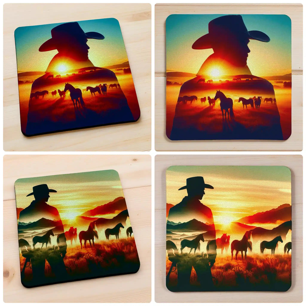 Lifestyle collage image of the Sunset Cowboy and Horses neoprene coasters, printed by Australian small business Laser Design Creations.