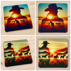 Lifestyle collage image of the Sunset Cowboy and Horses neoprene coasters, printed by Australian small business Laser Design Creations.
