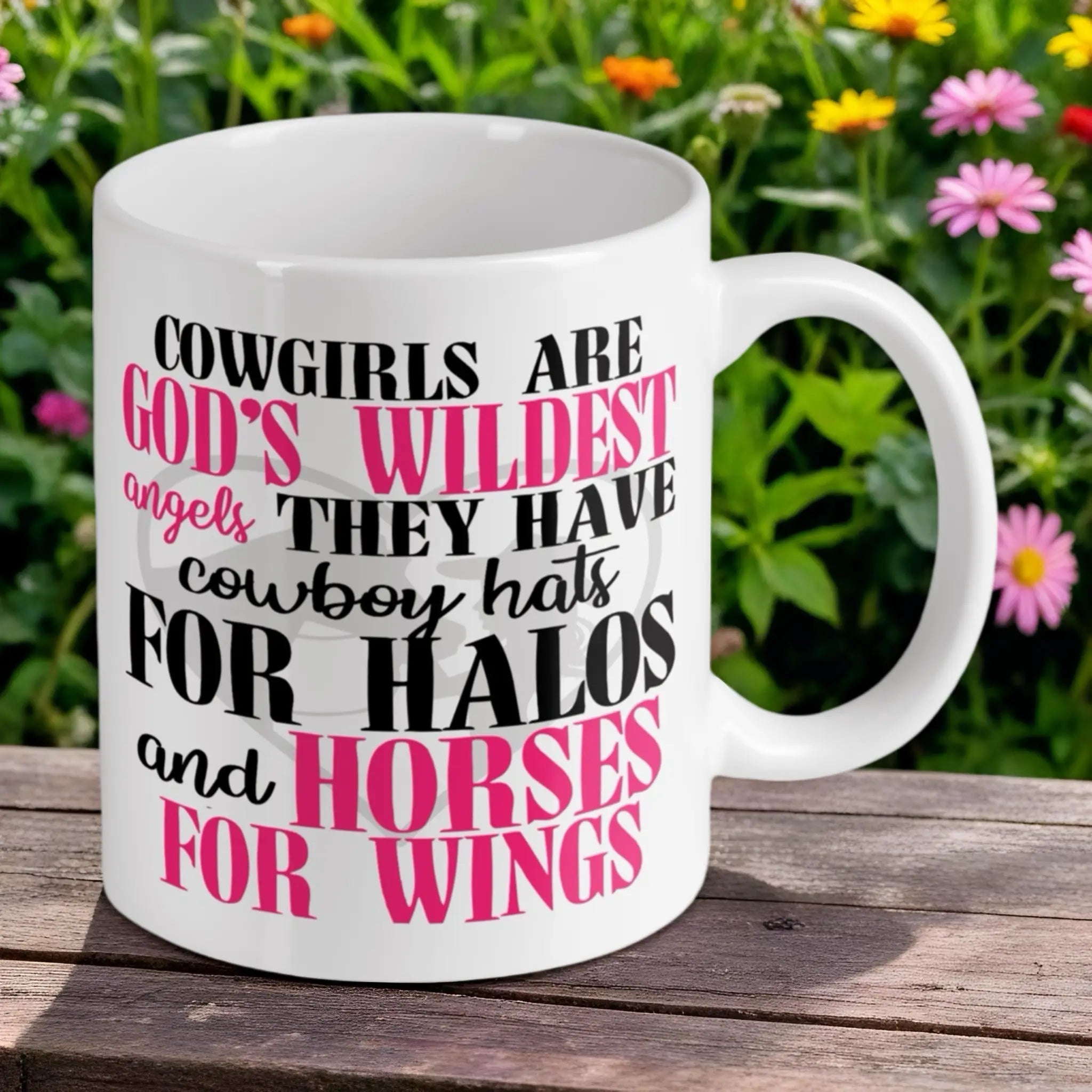 Reverse side of the 'God's Wildest Angels' ceramic mug, showcasing the wrap-around artwork by Laser Design Creations.