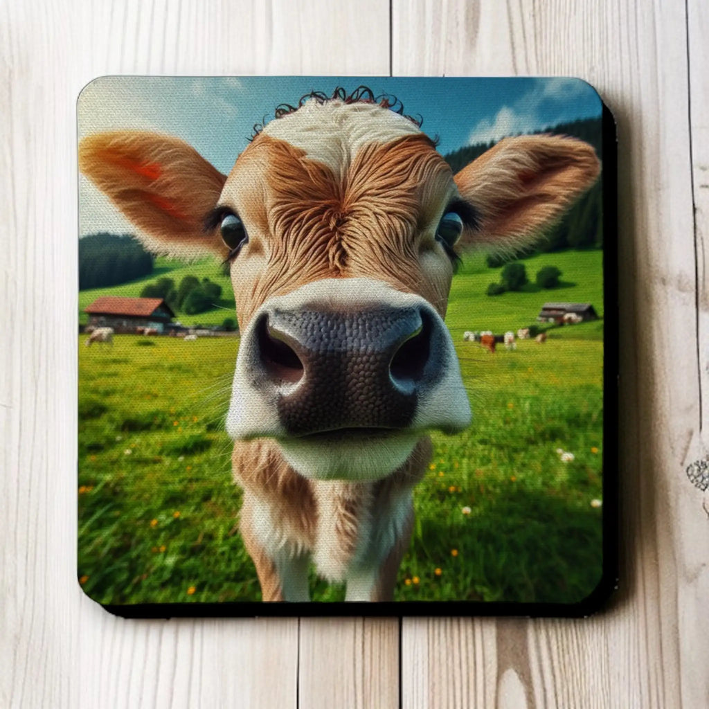 Top view of four neoprene coasters with a photo of a cute brown and white calf on a green farm, by Laser Design Creations.