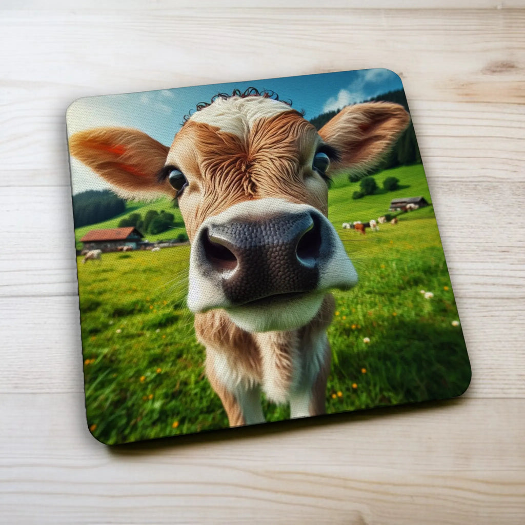 Side view of a set of four Curious Country Calf coasters, a perfect gift for lovers of farmhouse decor by Laser Design Creations.