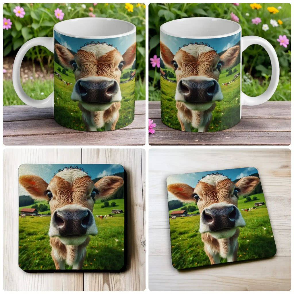 Curious Calf mug and coaster combo gift set collage, featuring an adorable farm animal in a country scene, by Laser Design Creations.