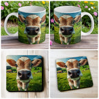 Curious Calf mug and coaster combo gift set collage, featuring an adorable farm animal in a country scene, by Laser Design Creations.