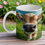 Curious Country Calf ceramic mug by Laser Design Creations, with a close-up photo of a cute calf's face in a pasture.