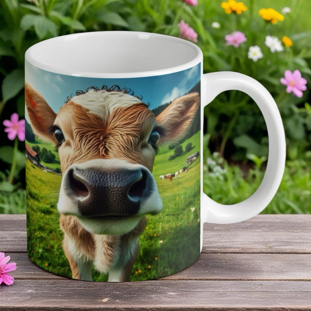 Reverse side of the Curious Country Calf mug, showing the adorable farm animal design, by Laser Design Creations.