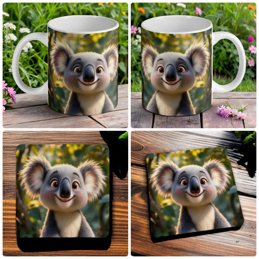 Cute Cartoon Koala mug and coaster combo gift set collage, featuring a happy Aussie animal, by Laser Design Creations.
