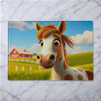 Cute smiling cartoon spotted pony in a whimsical 3D style glass chopping board from Laser Design Creations