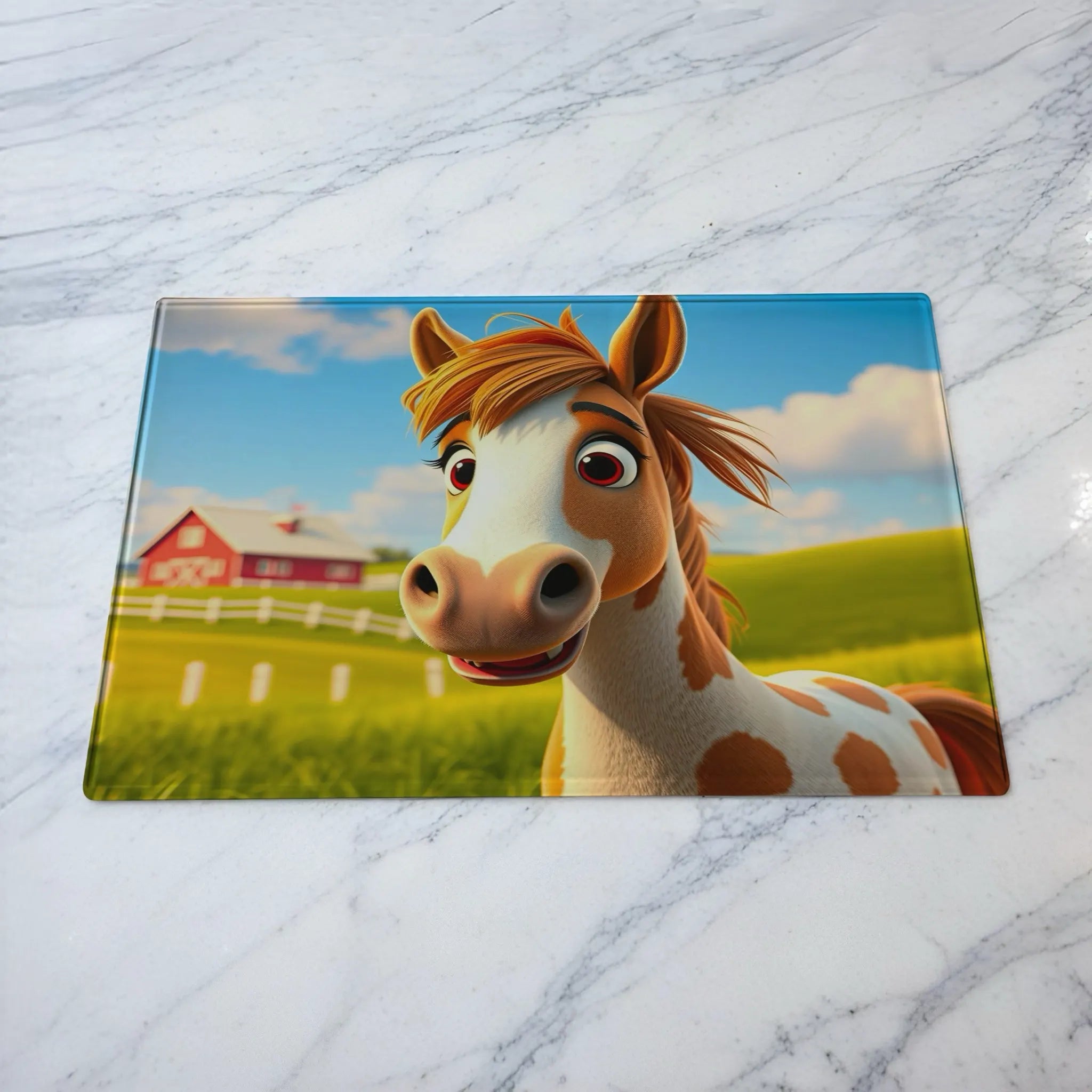 Cheerful cartoon spotted pony glass chopping board by Laser Design Creations, featuring a cute smiling 3D pony with vibrant colours.