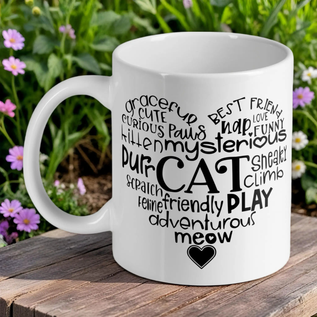 Feline Best Friend Word Cloud ceramic mug by Laser Design Creations, featuring a heart-shaped word cloud about cats on a white ceramic mug, set against a leafy green background.