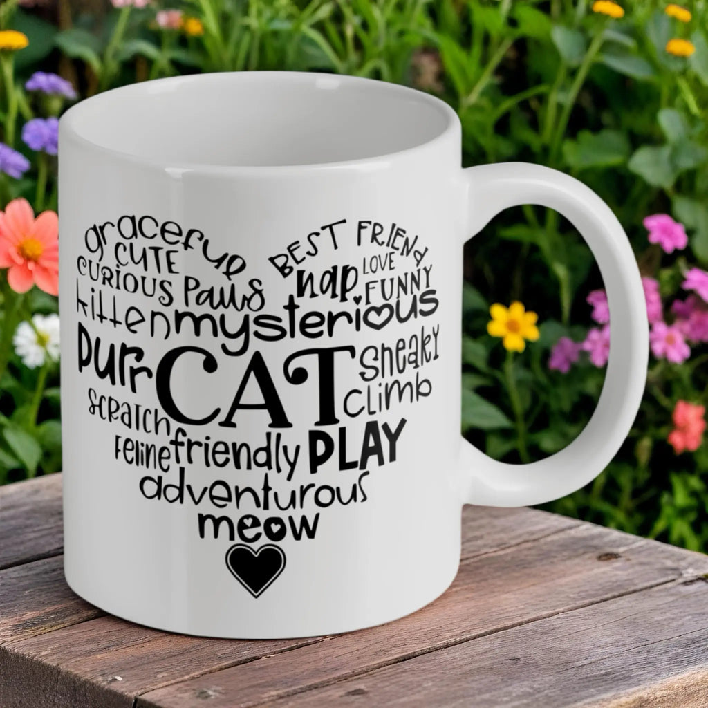 Reverse side of Feline Best Friend Word Cloud ceramic mug, showcasing the wrap-around artwork by Laser Design Creations.