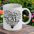 Reverse side of Feline Best Friend Word Cloud ceramic mug, showcasing the wrap-around artwork by Laser Design Creations.