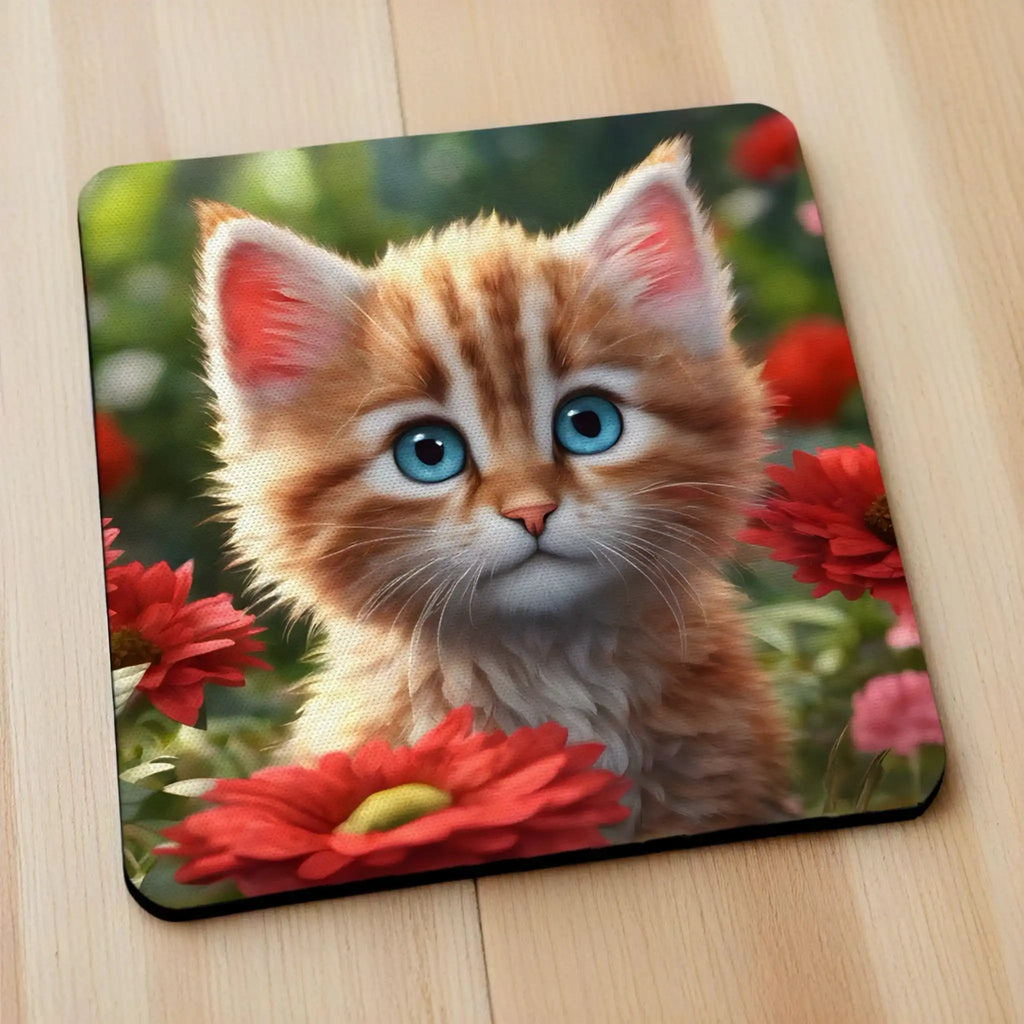 Side view of Cute Ginger Kitten Red Flowers neoprene coasters, showcasing a charming ginger kitten sitting amongst vibrant red flowers on a soft, colourful background by Laser Design Creations.