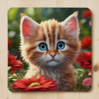 Cute Ginger Kitten Red Flowers neoprene coasters by Laser Design Creations, featuring a cute ginger kitten surrounded by vibrant red blossoms and lush green foliage.