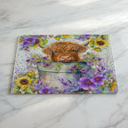 Cute Highland Calf in Bucket with Sunflowers chopping board by Laser Design Creations, featuring a fluffy baby Highland cow surrounded by vibrant sunflowers in a rustic, farmhouse style.