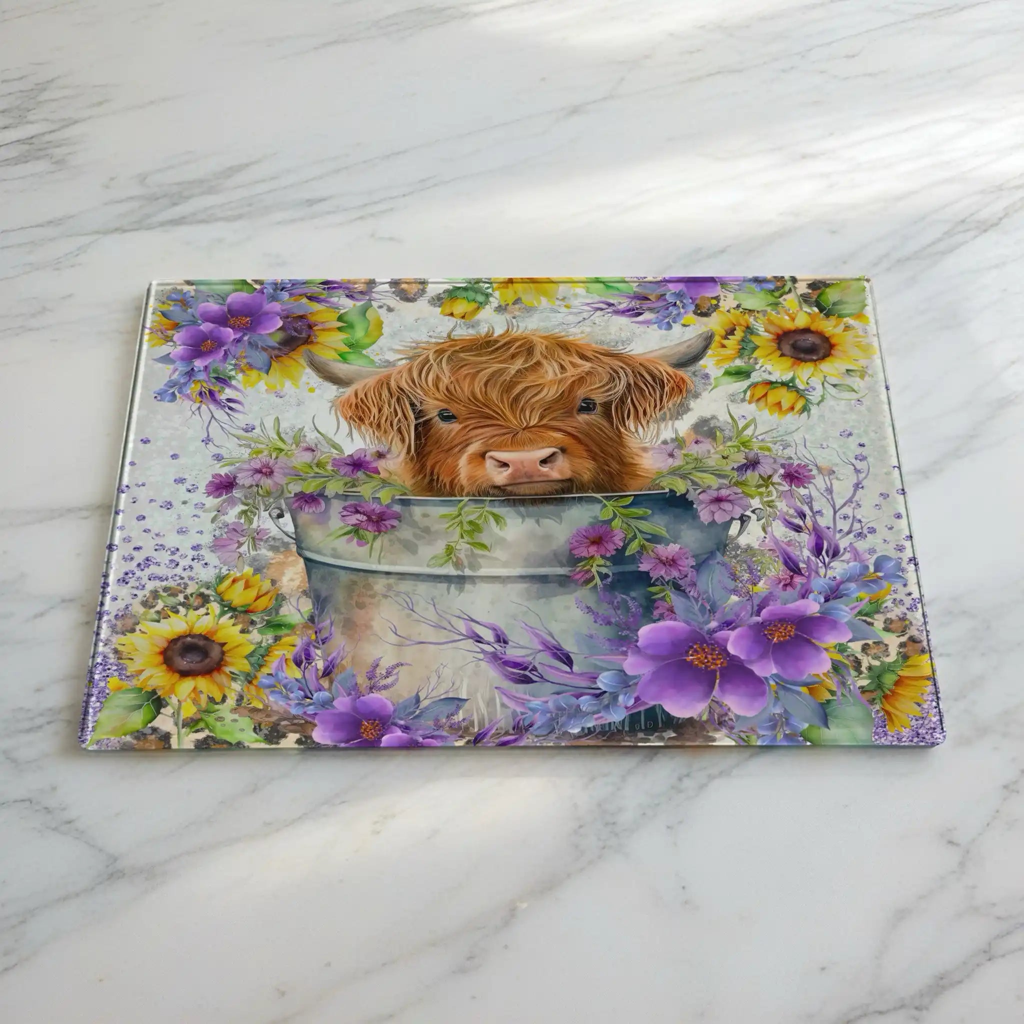 Cute Highland Calf in Bucket with Sunflowers chopping board by Laser Design Creations, featuring a fluffy baby Highland cow surrounded by vibrant sunflowers in a rustic, farmhouse style.