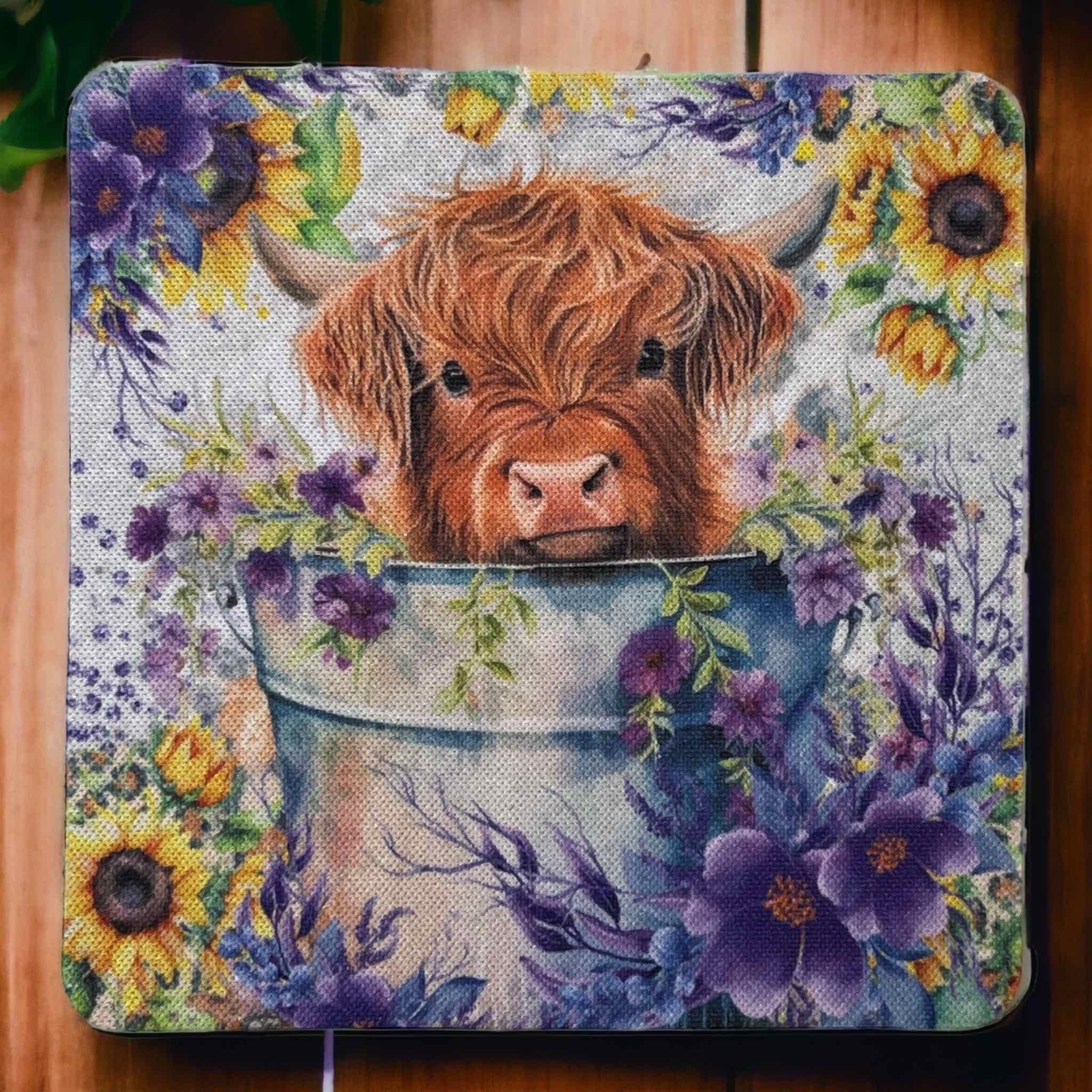 'Highland Calf in Bucket' Design - Neoprene Coaster - Laser Design Creations