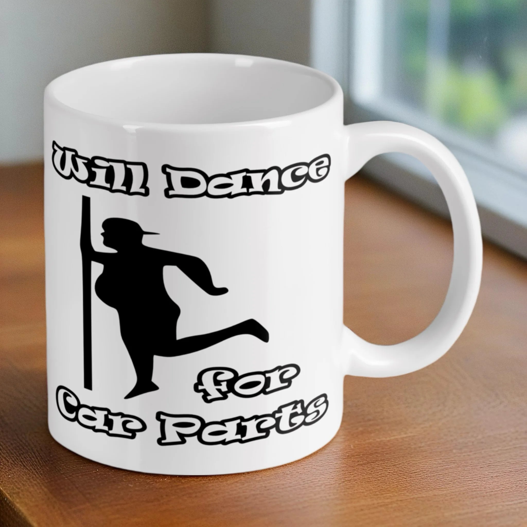 Reverse side of the 'Will Dance for Car Parts' ceramic mug, showcasing the wrap-around artwork by Laser Design Creations.