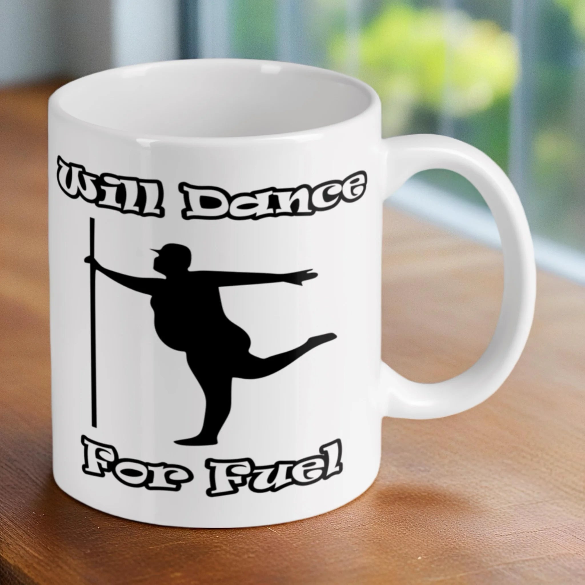 Reverse side of the 'Will Dance for Fuel' ceramic mug, showcasing the wrap-around artwork by Laser Design Creations.