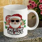 Reverse side of Funny Santa Disco Ball Ho's Quote ceramic mug, showcasing the retro Christmas party design with rude text and a graphic of Santa by Laser Design Creations.