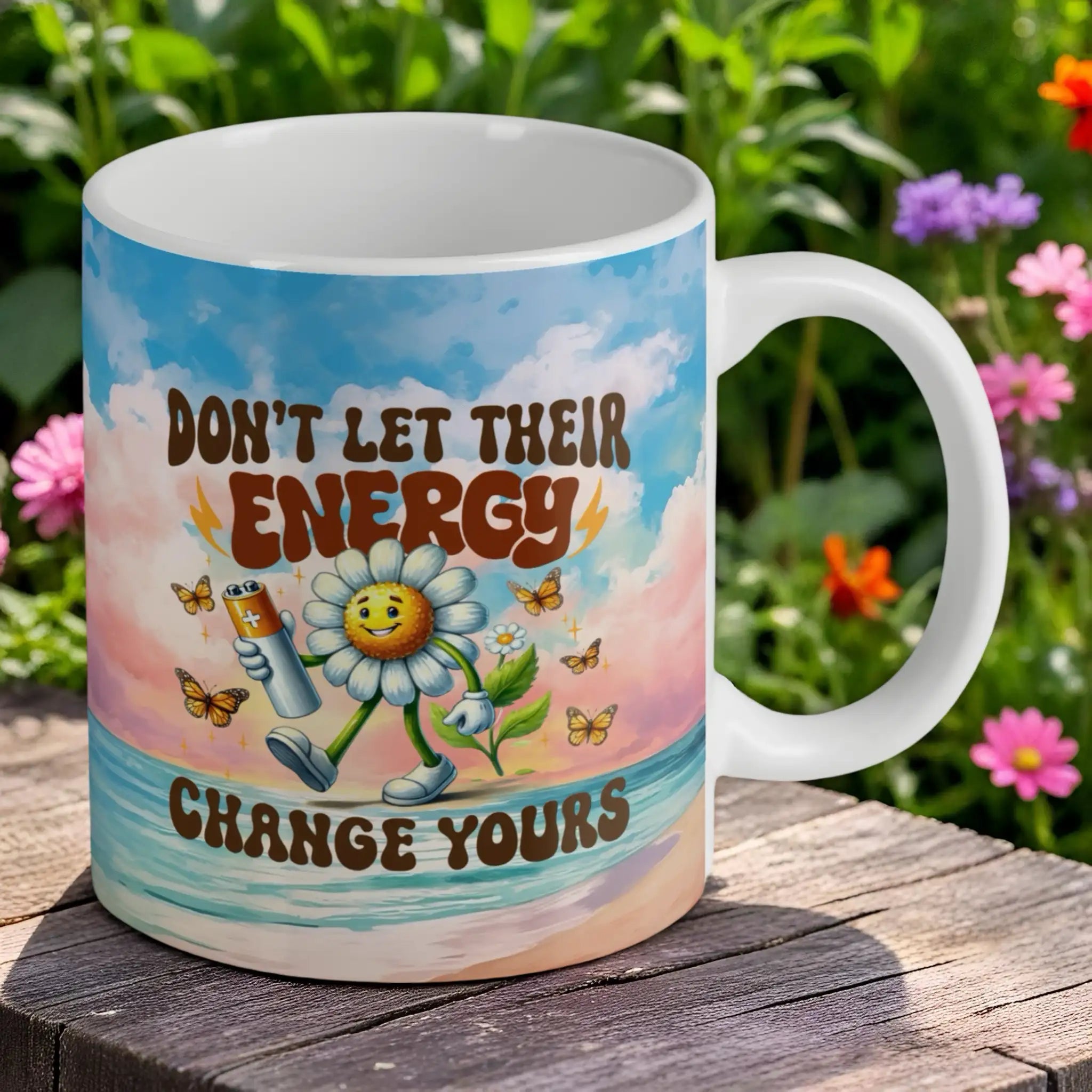 Reverse side of Don't Let Their Energy Change Yours Retro Daisy ceramic mug, showcasing an uplifting retro cartoon daisy design with the quote 'Don't Let Their Energy Change Yours' by Laser Design Creations.
