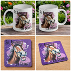 Funny 'I'm Dramatic' Horse mug and coaster combo gift set collage, featuring a comical horse and sarcastic quote, by Laser Design Creations.