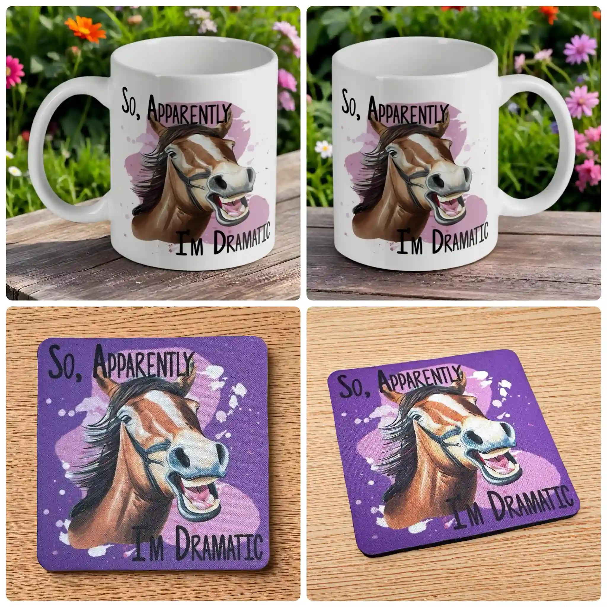 Funny 'I'm Dramatic' Horse mug and coaster combo gift set collage, featuring a comical horse and sarcastic quote, by Laser Design Creations.