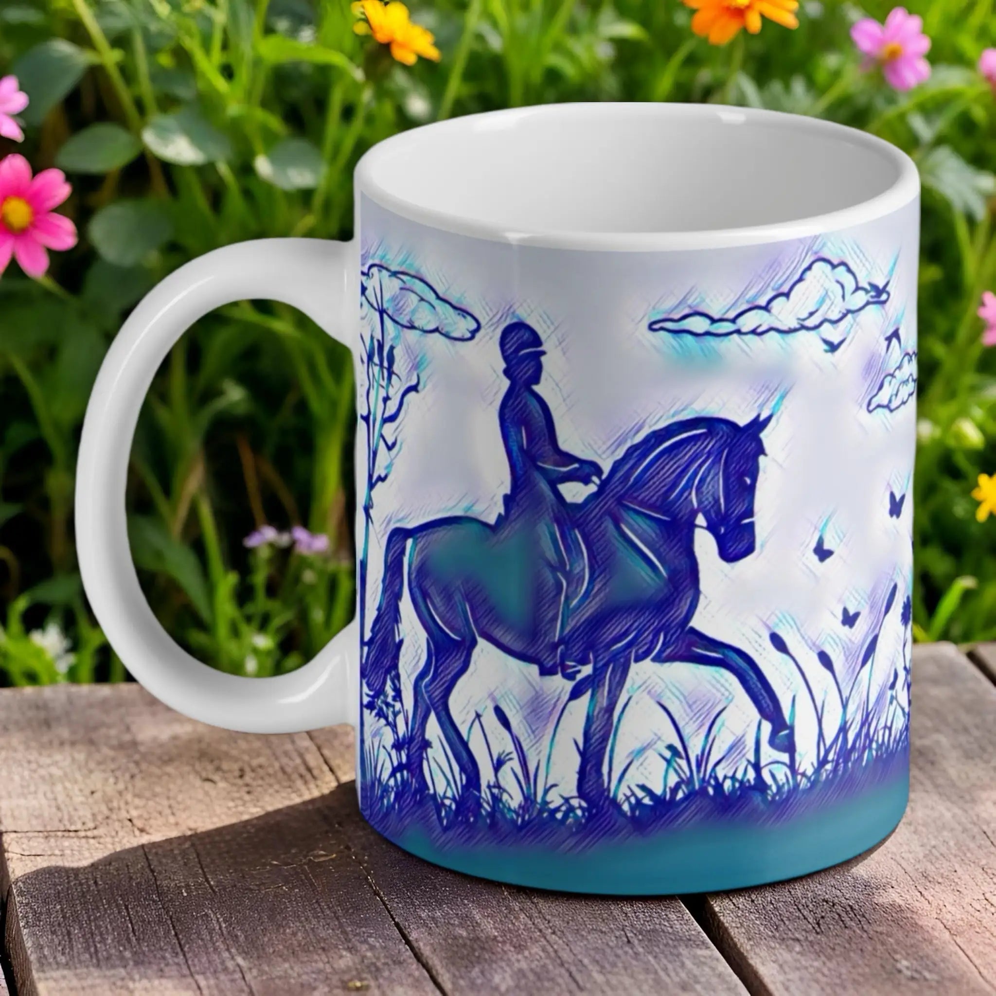 'Dressage in Nature' artistic ceramic mug by Laser Design Creations, featuring an elegant horse and rider.