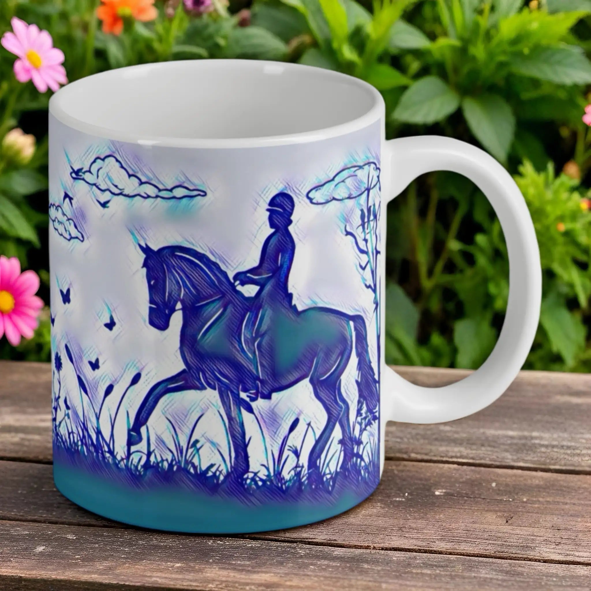 Reverse side of the 'Dressage in Nature' ceramic mug, showcasing the wrap-around equestrian artwork by Laser Design Creations.
