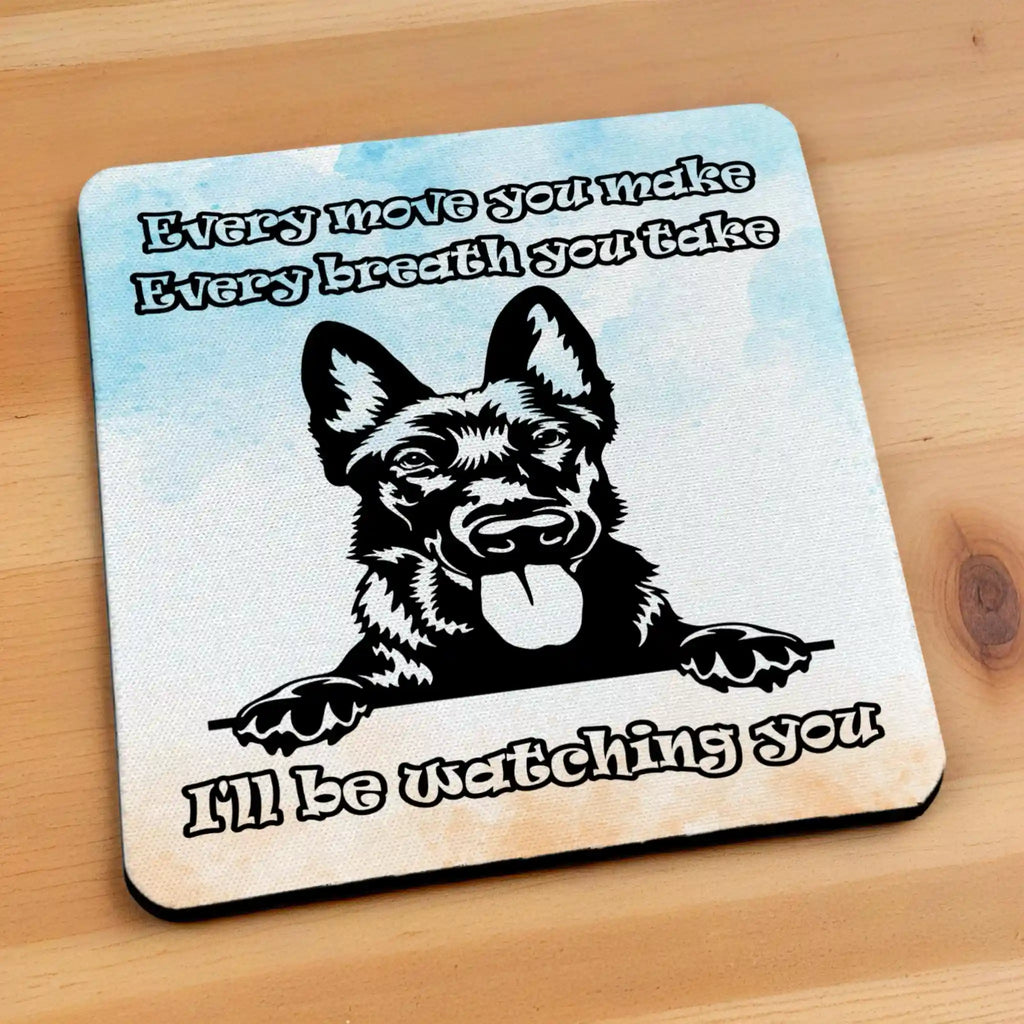 Side view of I'll Be Watching You Dutch Shepherd neoprene coaster with the neat black edge profile and the artistic dog illustration, by Laser Design Creations.