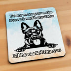 Side view of I'll Be Watching You Dutch Shepherd neoprene coaster with the neat black edge profile and the artistic dog illustration, by Laser Design Creations.