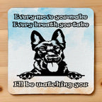 Top view of I'll Be Watching You Dutch Shepherd neoprene coaster with a charming hand-drawn Dutch Shepherd dog illustration and soft watercolour wash, by Laser Design Creations.