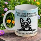 I'll Be Watching You Dutch Shepherd ceramic mug by Laser Design Creations, featuring a charming hand-drawn Dutch Shepherd dog illustration with a soft watercolour wash and a funny dog quote on a clean white background.